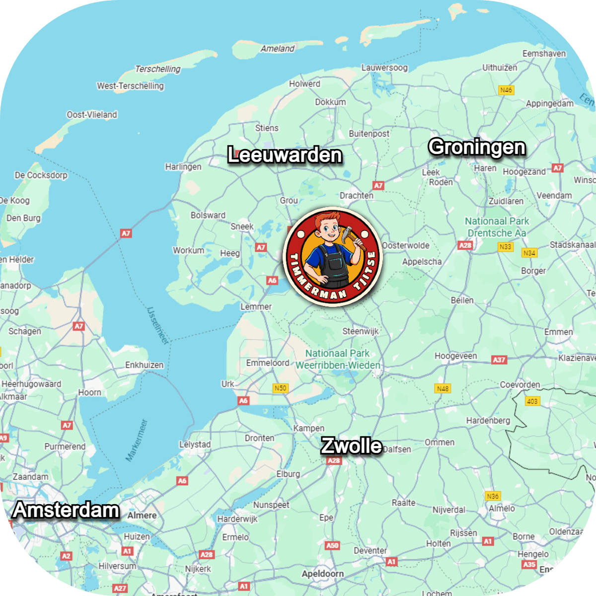 Kaart met daarop te zien dat het bedrijf is gevestigd in het noorden van Nederland in de gemeente heerenveen, Friesland