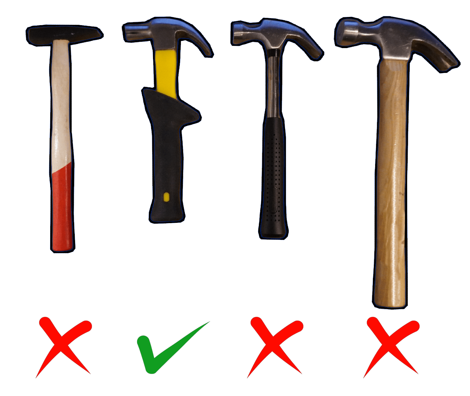 plaatje waarop de toolkid hamer vergeleken wordt met 3 andere type hamers. toolkid hamer is kleiner formaat en heeft een beter handvat